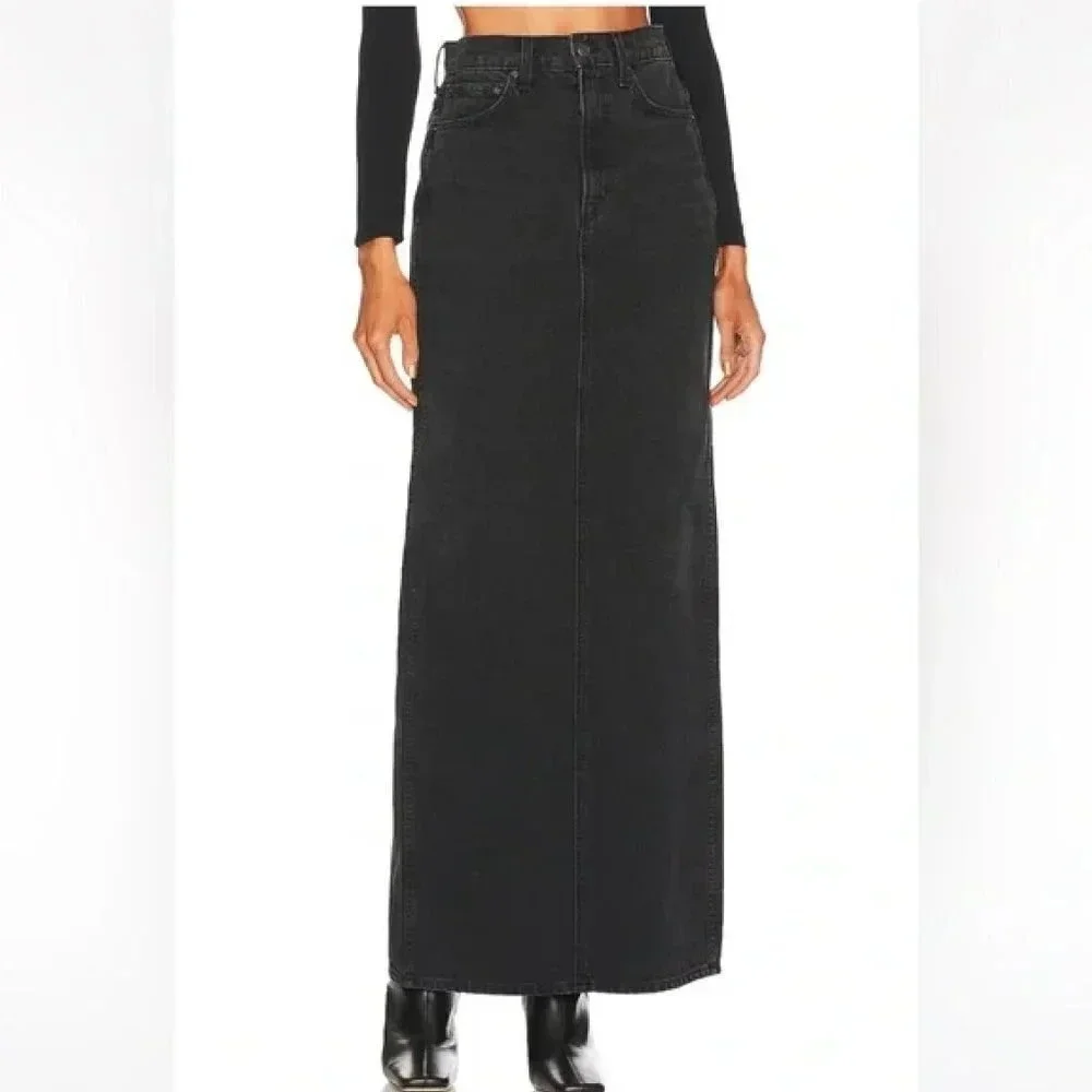 GRLFRND | The Amara Black Denim Pencil Skirt with Back Slit - Size 24/XS